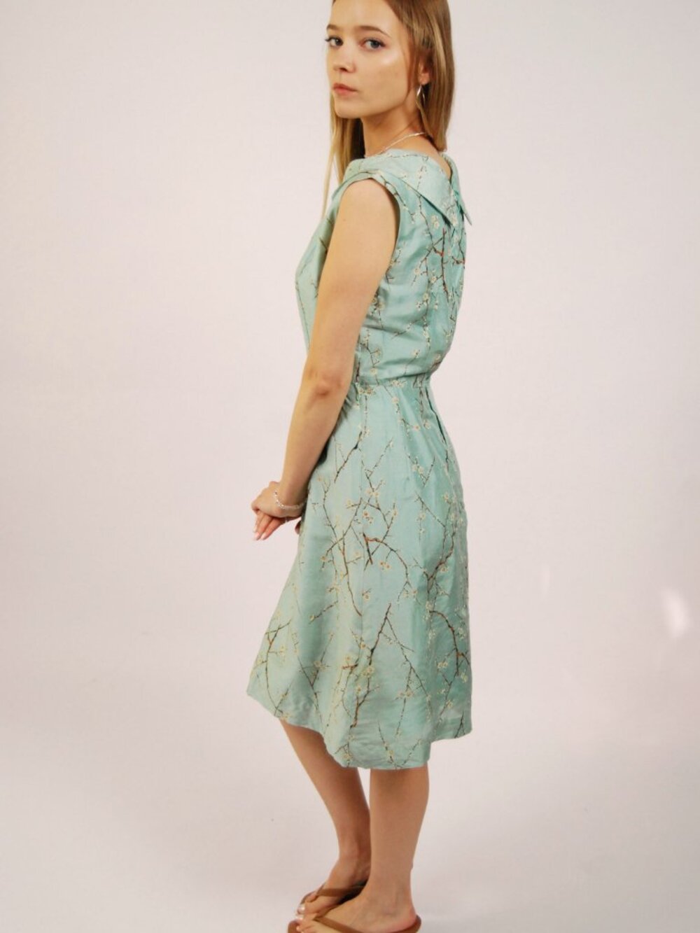 60s Sheath Dress (S) small light blue vintage midi floral collared mod - Picture 2 of 9